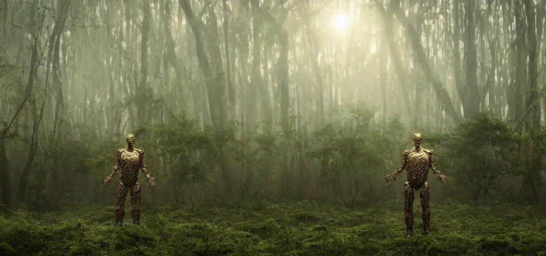 Prompt: a complex organic fractal 3 d metallic symbiotic ceramic humanoid megastructure creature in a swampy lush forest, foggy, sun rays, cinematic shot, photo still from movie by ari aster