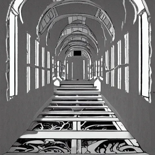 Image similar to a bright white hallway with many doors and stairs full of fungus and mushrooms and rot, Mc Escher architecture, decay, artstation