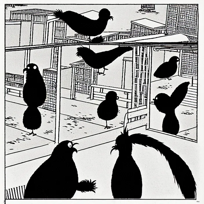 Prompt: a still frame from comic strip, black funny hairy bird 1 9 5 0, hasui kawase, herluf bidstrup, new yorker illustration, monochrome bw, lineart, manga, tadanori yokoo, simplified, isometric blueprint