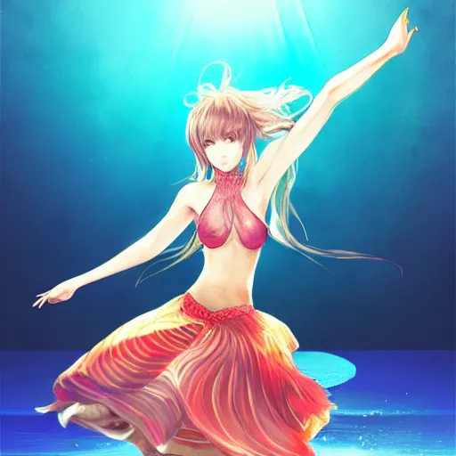 Image similar to semi realistic portrait Salsa Dancing inside clear blue ocean water in blade and soul spinoff by Artgerm Lau , color overlay, rim light and highlights , Gesture draw, Salsa Social Dance, couple, Salsa tricks, WLOP, Hyung-tae Kim, Rossdraws, Gesture draw, James Jean, Andrei Riabovitchev, Marc Simonetti, and Sakimichan, trending on artstation