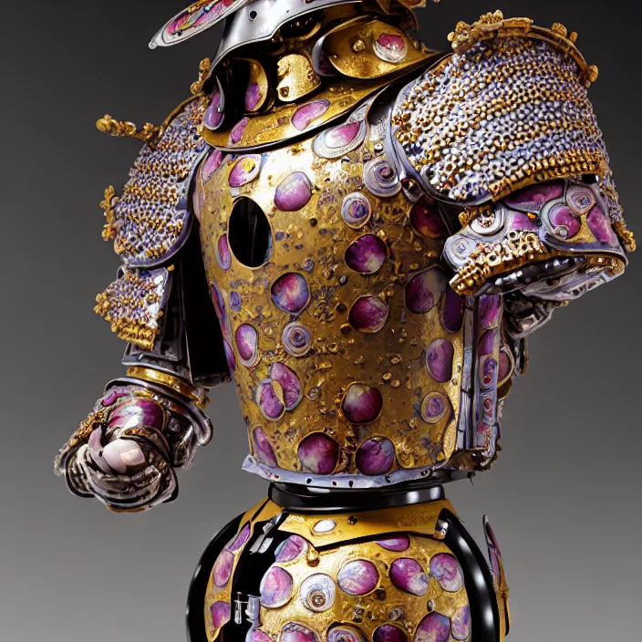 Prompt: ceramic cyborg, Kakiemon design armor with plums and stylized flowers in glaze and gilding Edo period 1670–1690, diffuse lighting, fantasy, intricate, elegant, highly detailed, lifelike, photorealistic, digital painting, artstation, illustration, concept art, smooth, sharp focus, art by John Collier and Albert Aublet and Krenz Cushart and Artem Demura and Alphonse Mucha