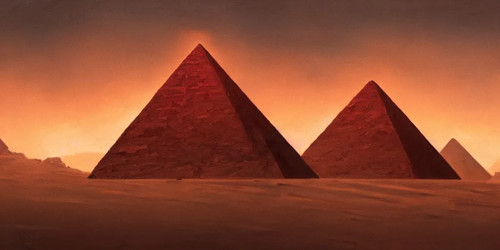 Prompt: an oil painting of a pyramid in in a post apocalyptic desert and a dark red sun, fantasy,hyper realistic, atmospheric lighting, cinematic, 8k,