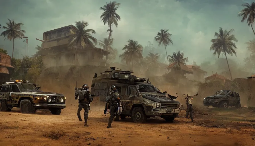 Image similar to a militarized police vehicle riding through a kerala village, troops searching the area, furious action scene, an epic fantasy, dramatic lighting, cinematic, establishing shot, extremely high detail, photorealistic, cinematic lighting, tending on artstation, matte painting, octane render, by simon stalenhag, shadow of the tomb raider, aesthetic