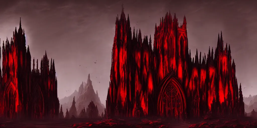 Prompt: dark gothic cathedral, gothic architecture, at the top of a red rock canyon, artstation concept art, beautiful matte painting, ultrawide angle, red and orange and black color palette, chiaroscuro lighting