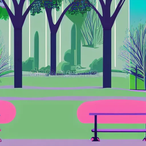 Image similar to art deco vaporwave illustration of a park with trees and benches, in a futuristic pastel city