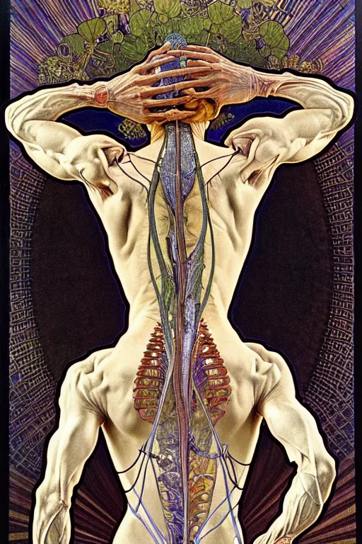 Image similar to extremely psychedelic anatomically accurate model of the full human muscular system infected by night, full body, intricate parts, fine details, hyper - realistic, elegant minimalism. by seichen, alphonse mucha, surreal