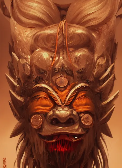 Image similar to a beautiful detailed oil on copper art illustration of a oni hannya mask shogun boar woman, centered, by charlie bowater, zeng fanzh, trending on artstation, dim dusk lighting, cinematic lighting, detailed lighting, volumetric lighting, realistic, f 8, 4 k hd wallpaper