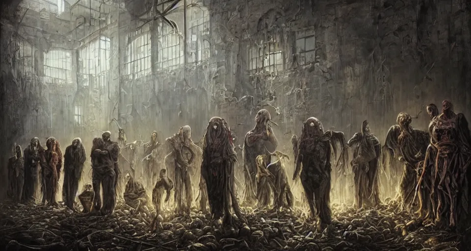 Image similar to A horrific sinister painting of souls of the dead queueing up outside a door in an abandoned warehouse by Tom Bagshaw, Dan Mumford, Dariusz Zawadzki, Todd McFarlane, and Erik Johansson.