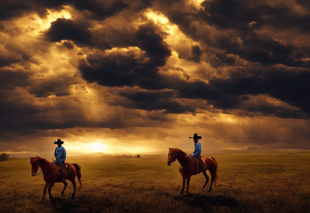 Prompt: a lone cowboy on horseback, aiming a golden revolver, hazy sunset with dark storm clouds on the horizon, small western town in the distance, cinematic angle, filmic tones, detailed digital matte illustration