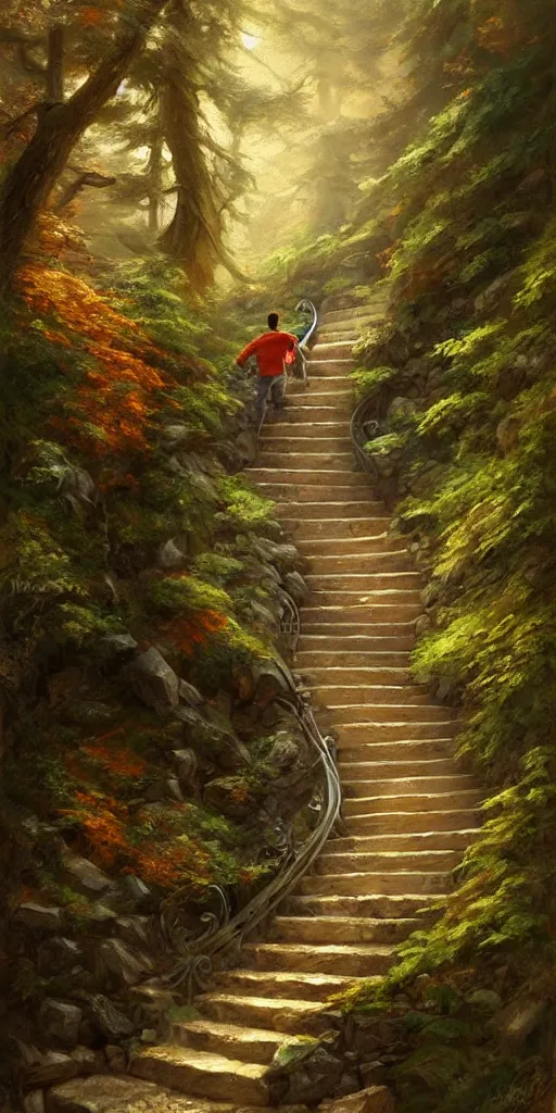 Image similar to a man walking up a steep and winding staircase, in beautiful woods, intricate, elegant, highly detailed, oil painting, artstation, concept art, sharp focus, beautiful illustration, society, by justin gerard and artgerm, 4 k