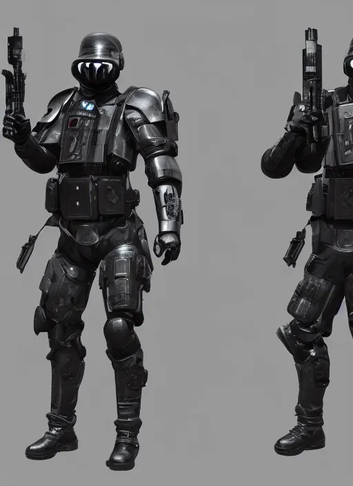 Image similar to futuristic swat team, full armor, full face mask, futuristic weapon, cyberpunk, unreal engine 5