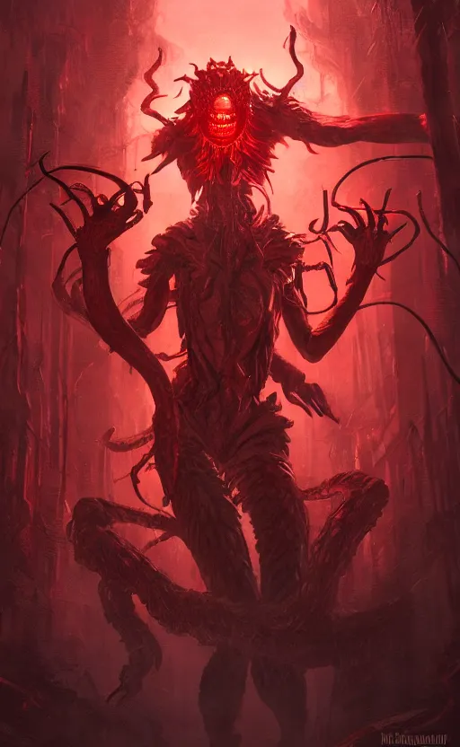 Image similar to mother demogorgon in the background, red ambience, at night, creepy over the street in the background, dynamic lighting, photorealistic fantasy concept art, trending on art station, stunning visuals, creative, cinematic, ultra detailed