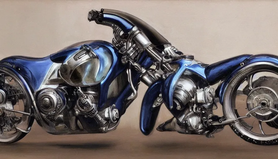 Prompt: painting by borremans, motorbike from tron movie in front of the mirror, detailed, stunning