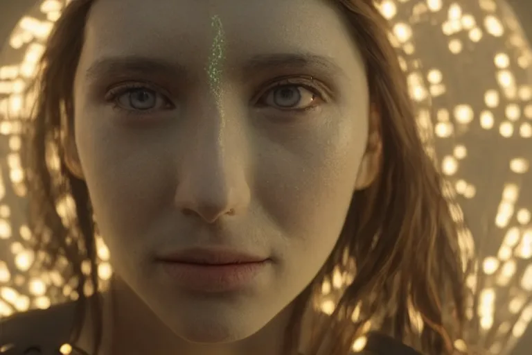 Image similar to VFX movie of a futuristic cyborg closeup portrait in high tech compound, beautiful natural skin neon lighting by Emmanuel Lubezki