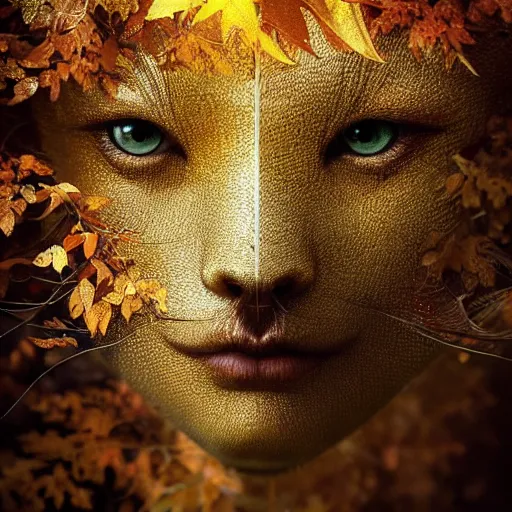 Image similar to golden leaves at frame border, creative!!! composition for a book cover, absurdly beautiful, ultrafine hyperrealistic detailed animal face by wlop and artgerm and greg rutkowski, intricate linework, sharp focus, smooth, octopath traveler, final fantasy, unreal engine, dramatic lighting, ethereal, 8 k