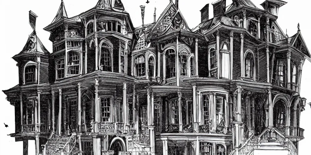 Prompt: technical drawing of a haunted mansion, hyper realistic, dramatic shadows, gothic