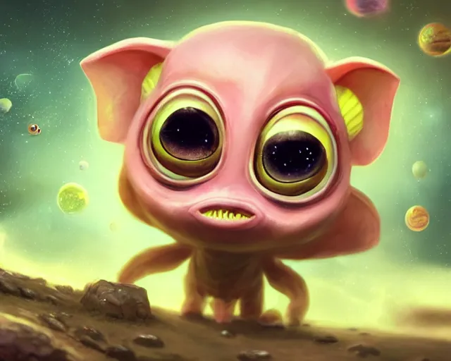 Image similar to 3D Fantasy Cute and adorable small alien piggy in space, huge adorable eyes, bright stars, Smooth 3D Illustration, soft render, Servando Lupini, Daniil Kudriavtsev, handpaint texture, Blender, 3DCoat