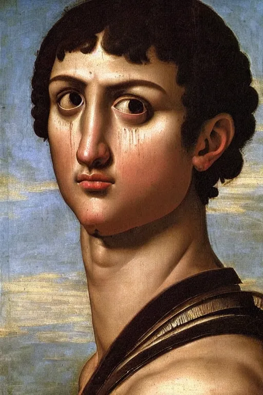 Image similar to renaissance painting of man, short black hair, pleading face, tears dripping from the eyes, emotions closeup, dressed in roman armour, the beautiful garden, ultra detailed, art by Guido Reni style, Vincenzo Catena style