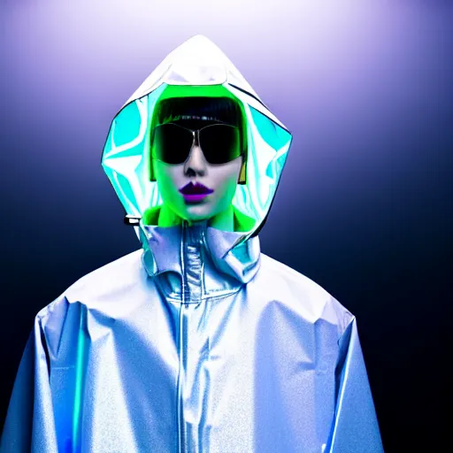 Image similar to an ultra high definition professional studio quality photograph of an artificially intelligent celebrity cyberpunk pop star wearing a transparent iridescent pastel coloured face visor and matching raincoat on white coat hook in a sheer icelandic black rock environment. dramatic lighting. volumetric shadows. light rays