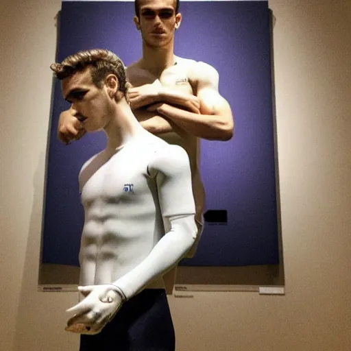 Image similar to “ a realistic detailed photo of a guy who is an attractive humanoid who is half robot and half humanoid, who is a male android, soccer player antoine griezmann, shiny skin, posing like a statue, blank stare, at the museum, on display ”