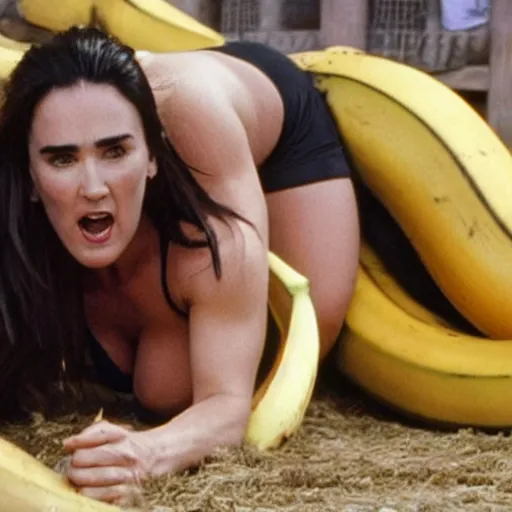 Prompt: jennifer connelly wrestling a giant banana