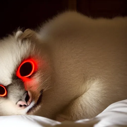 Prompt: You're lying in bed, trying to get to sleep, when you hear a scratching noise coming from the other side of the room. You try to ignore it, but the noise gets louder and more persistent until you finally sit up and look over to see a large, furry creature with glowing red eyes standing at the edge of your bed, looking at you hungrily, 8k, surrealistic digital still image, in the style of Keith Thompson and Michael Whelan