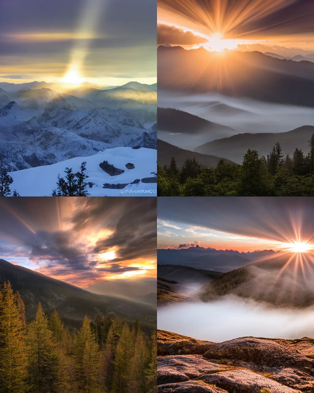 Prompt: mountain sunset crepuscular rays long exposure