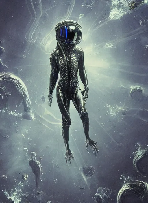 Image similar to alien astronaut in dark void underwater - complex and hyperdetailed technical suit design. reflection and dispersion materials. rays and dispersion of light. volumetric light. f / 3 2. noise film photo. flash photography. ultra realistic, 5 0 mm. poster by wayne barlowe, hajime sorayama aaron horkey, craig mullins