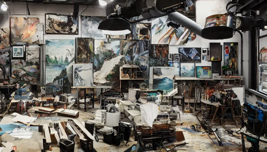 Image similar to dramatic photo of an art factory, photos of landscapes covering the walls, robots painting natural landscapes on canvas, cinematic lighting, wide angle