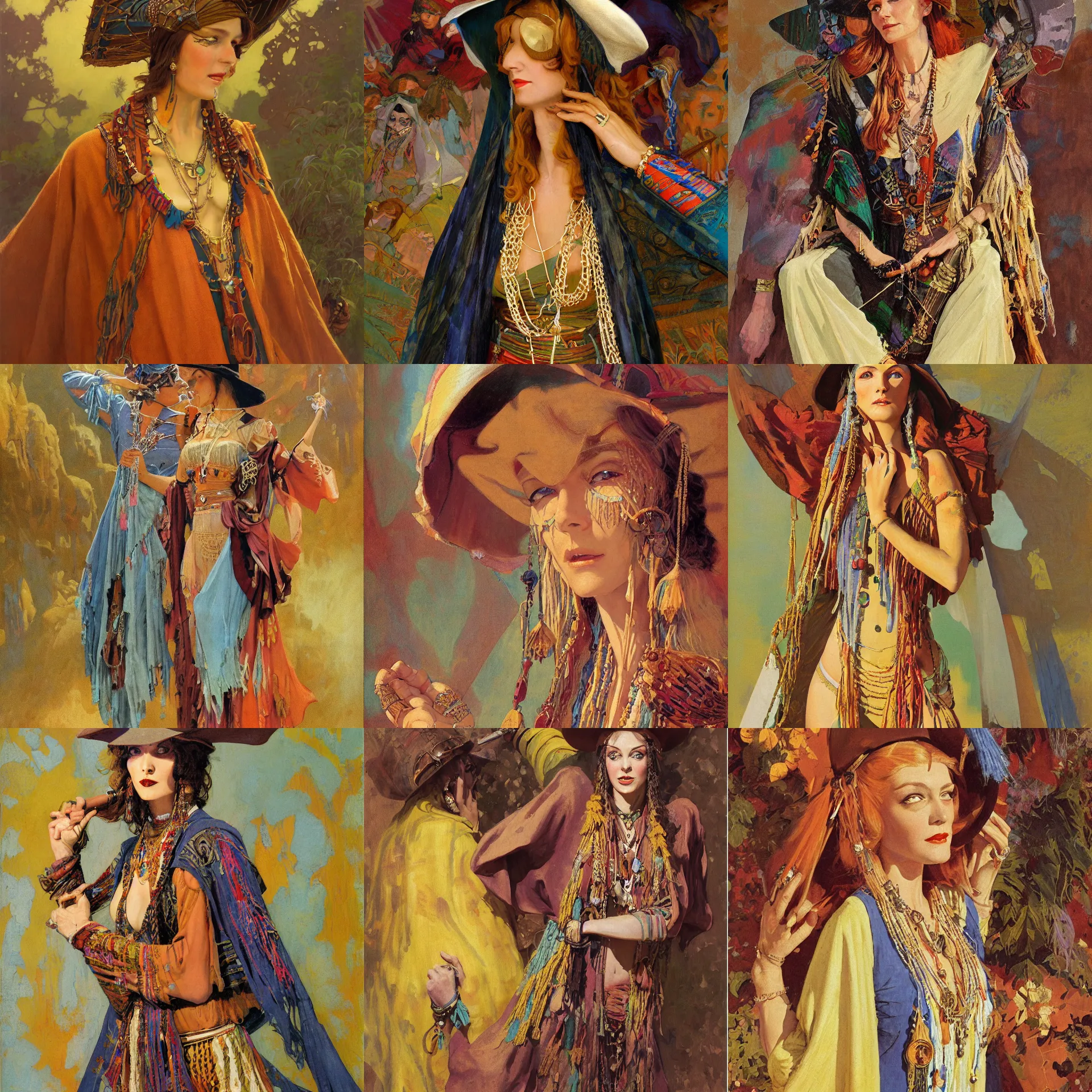 Prompt: pulp art, 1970s hippie cloth style, medieval woman with wooden jewelry, wearing rich jewerly, hat and boho poncho, fantasy character, artwork by Joseph Leyendecker and Hugh Ferriss and gil elvgren and ilya repin and Greg Manchess, illustration, volumetric light, geometric shapes, impressionism, soviet paintings, 3d octane blender render, progressive rock album cover