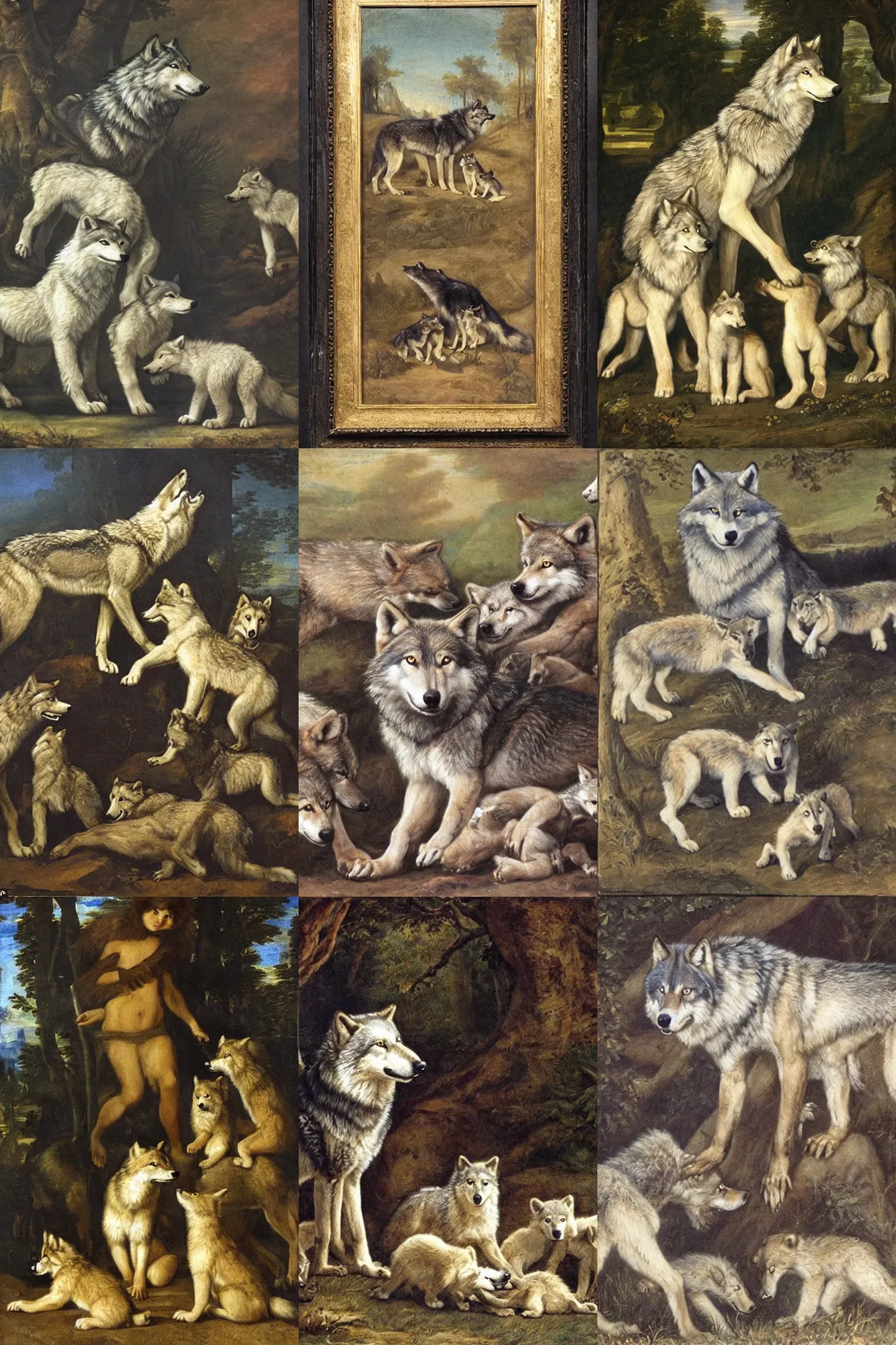 Prompt: a wolf protecting his cubs in the style of the old masters