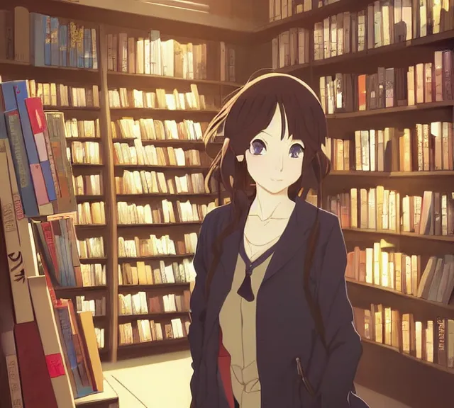 Image similar to anime visual, full body portrait of a young female traveler in a book shop interior, beautiful face by yoh yoshinari, katsura masakazu, dramatic lighting, dynamic pose, dynamic perspective, strong silhouette, anime cels, ilya kuvshinov, cel shaded, outlined edges, rounded eyes, moody, detailed character