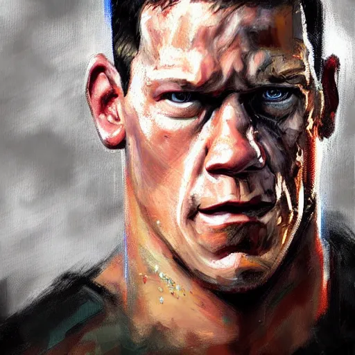 Image similar to A realistic hyperdetailed wide-shot digital oil portrait painting of an John cena in the style of Guy Denning, Ruan Jia, and Craig Mullins. Trending on ArtStation, DeviantArt, and Instagram. CGSociety Digital art. John cena.