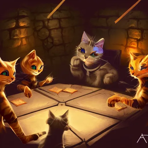 Prompt: a group of cats playing dungeons and dragons around a table in a dark cellar. concept art. sketch. artstation. hq