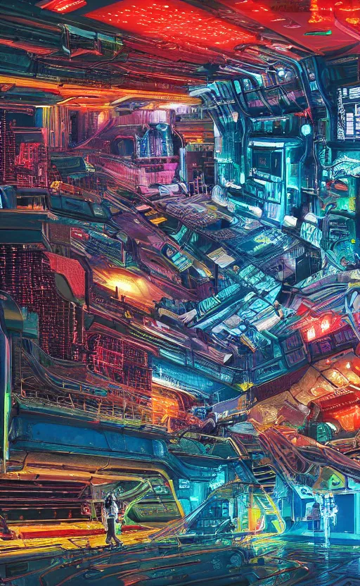 Prompt: a portrait of a hi-tech sci-fi cyberpunk spaseship of epic proportions and intricate detail, with a lot of bright color diodes, in deep space, photography, color, very detailed, realistic