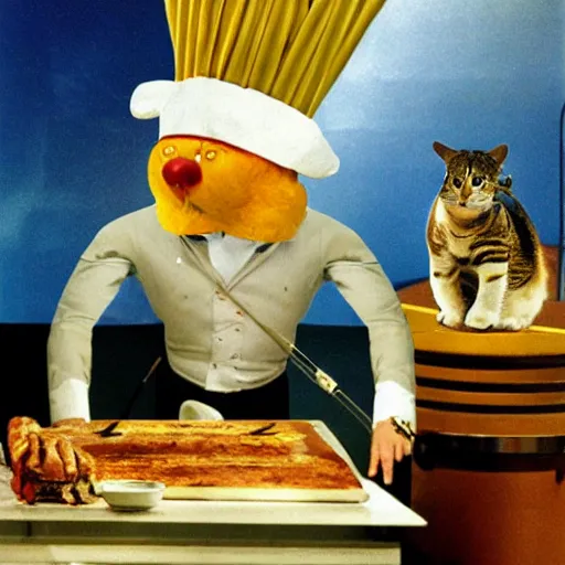 Image similar to anthropomorphic cats chef competing at the Masterchef TV show, by Salvador Dali