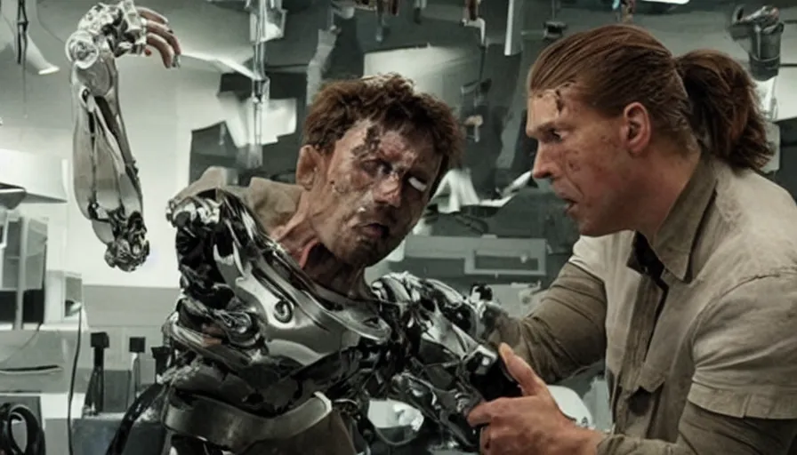 Prompt: big budget action movie about science lab, where a battle cyborg bloodily rips off a scientist's head