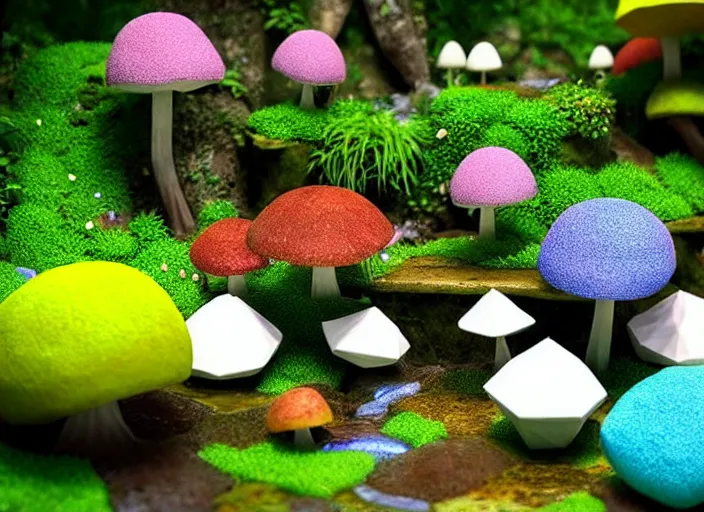 Image similar to low poly total of a porcelain garden las pozas, wide angle shot, soft focus, global illumination, radiant light, colorful aquatic plants, colorful mushrooms, puffballs, rhizomorphs, octane highly render, 4 k, ultra hd,