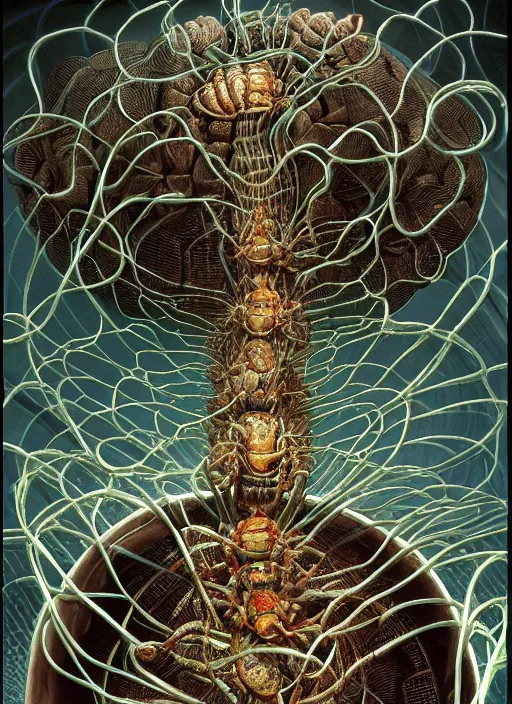 Prompt: realistic detailed image of little cockroaches devouring a big human brain connected with wires and cords to a huge PC computer screen monitor from 90s in a huge server room, in an outer space by Ayami Kojima, Amano, Karol Bak, Greg Hildebrandt, and Mark Brooks, Neo-Gothic, gothic, rich deep colors. Beksinski painting, part by Adrian Ghenie and Gerhard Richter. art by Takato Yamamoto. masterpiece. realistic detailed image