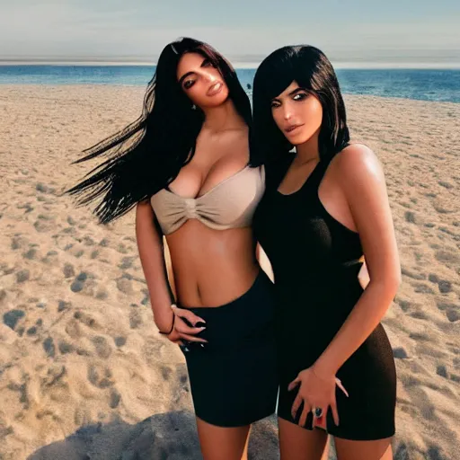 Prompt: kylie jenner hugging kim kardashian standing on a beach, atire: army, abstract, 4k, photorealistic
