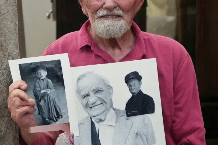 Image similar to young man holding a photograph of him as a old man