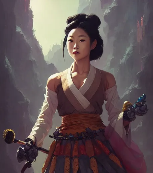 Image similar to a portrait of arden cho chef character in a scenic korean city environment by marco bucci and greg rutkowski and frank frazetta, sharp focus, detailed, cinematic, hanbok, ornate korean polearm behind her