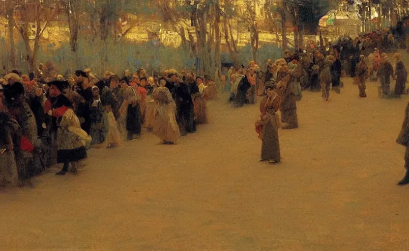 Prompt: high quality high detail painting by ilya repin, huge line of people fading into the background, hd