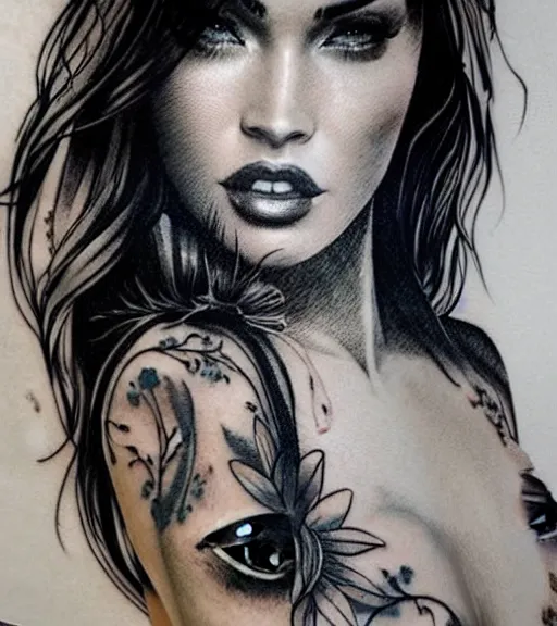 Image similar to double exposure effect tattoo design sketch of megan fox with beautiful mountain scenery, realism tattoo, in the style of matteo pasqualin, amazing detail, sharp