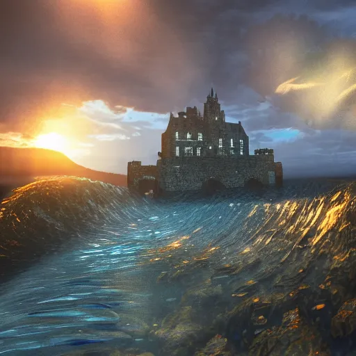 Image similar to underwater Edinburgh Castle, deep underwater, sunset, concept art in style of Greg Rutkowki, dynamic lighting, 4k, very highly detailed