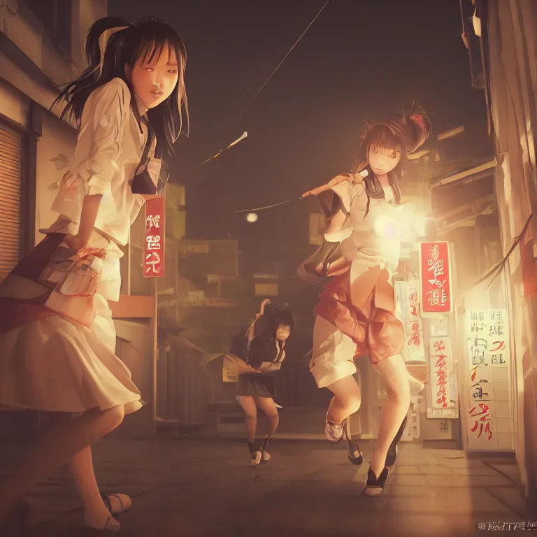 Image similar to two japanese schoolgirls fighting behind a 7 - 1 1 at night, intricate details, complementary lighting, detailed face, backlighting, octane render, raytraced, depth of field, extremely detailed, trending in artstation, focus on face, sharp focus, radiant light, beautiful composition, yihao ren, zochi, zero - hour, jean paul fiction