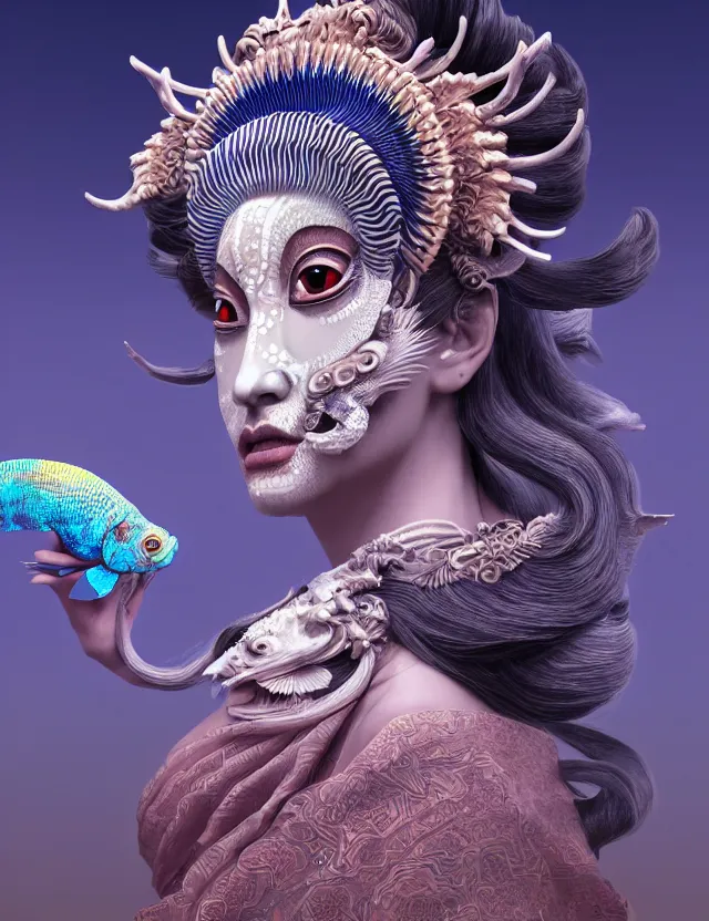 Image similar to 3 d goddess close - up frontal portrait with ram skull. beautiful intricately detailed japanese crow kitsune mask and clasical japanese kimono. betta fish, jellyfish phoenix, bio luminescent, plasma, ice, water, wind, creature, artwork by tooth wu and wlop and beeple and greg rutkowski