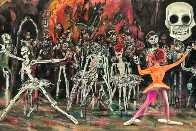 Image similar to scene from ballet, day of the dead, cyber skeletons, queen in black silk in the center, neon painting by otto dix