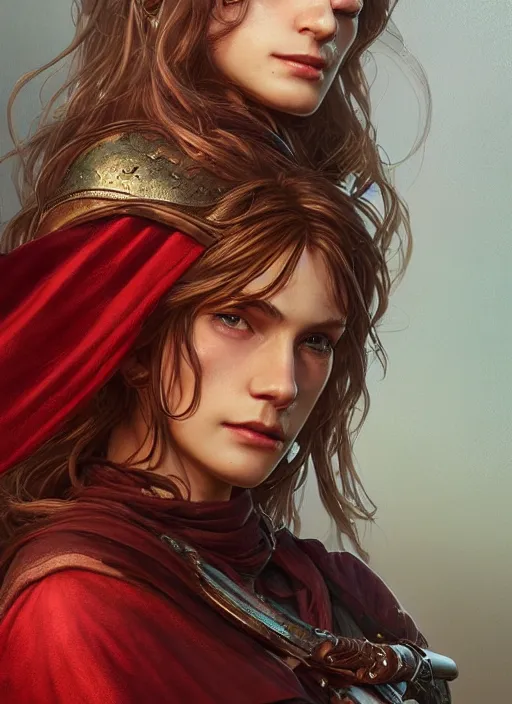 Image similar to portrait of a ruggedly handsome female cleric, soft hair, close - up face, leather, witchy, d & d, fantasy, intricate, elegant, highly detailed, digital painting, artstation, concept art, smooth, sharp focus, illustration, art by artgerm and greg rutkowski and alphonse mucha, plain red background