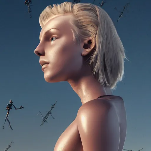 Image similar to full body shot of a beautiful blond girl with human face and cyborg body standing on a pile of sculls, cute - fine - face, pretty face, realistic shaded perfect face, fine details, 8 k, shallow depth of field, moody lighting, cinematic lighting,